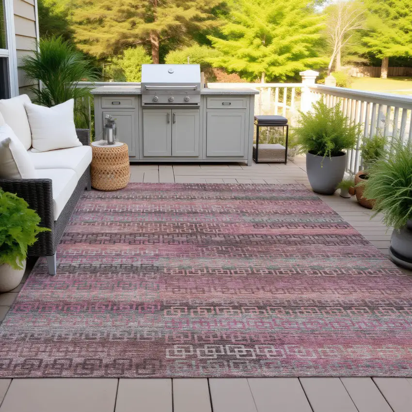 Pink And Gray Striped Washable Indoor Outdoor Area Rug Photo 6