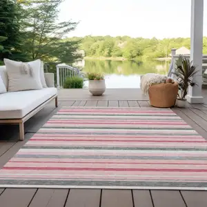 Photo of Pink And Gray Striped Washable Indoor Outdoor Area Rug