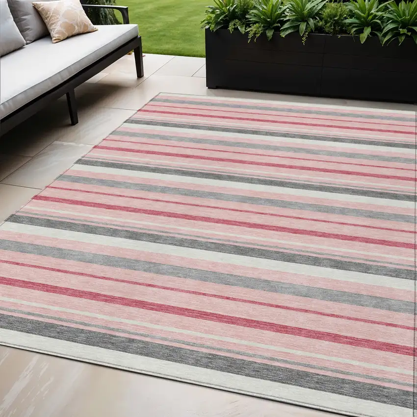 Pink And Gray Striped Washable Indoor Outdoor Area Rug Photo 1