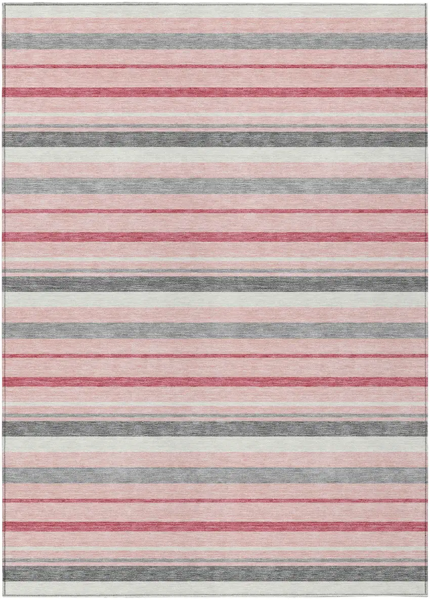 Pink And Gray Striped Washable Indoor Outdoor Area Rug Photo 2