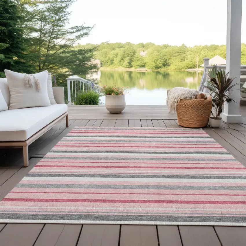 Pink And Gray Striped Washable Indoor Outdoor Area Rug Photo 9