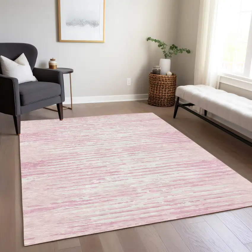 Pink And Gray Striped Washable Indoor Outdoor Area Rug Photo 9