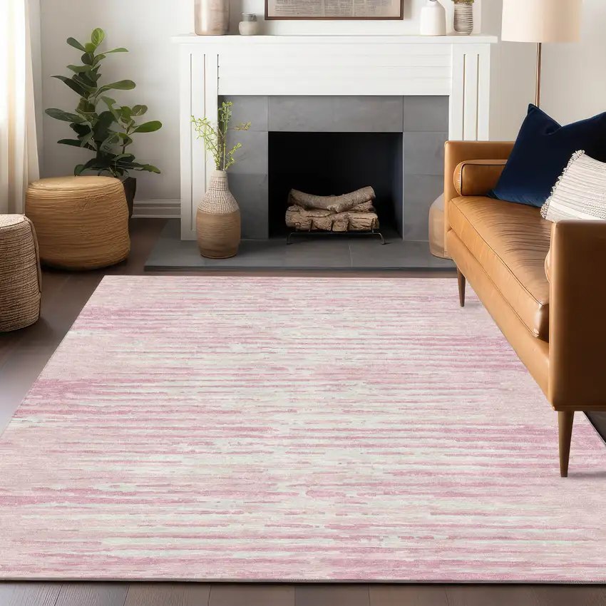 Pink And Gray Striped Washable Indoor Outdoor Area Rug Photo 9