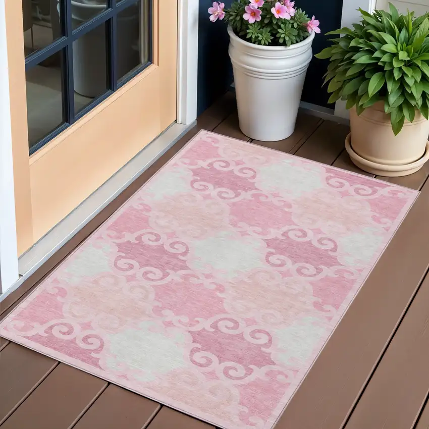 Pink And Gray Trellis Washable Indoor Outdoor Area Rug Photo 1