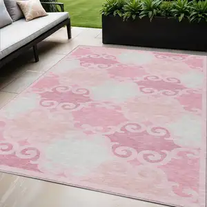 Photo of Pink And Gray Trellis Washable Indoor Outdoor Area Rug