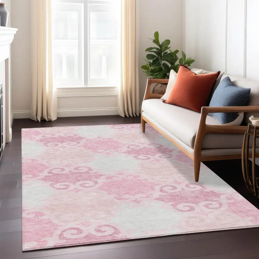 Pink And Gray Trellis Washable Indoor Outdoor Area Rug Photo 9