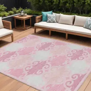 Photo of Pink And Gray Trellis Washable Indoor Outdoor Area Rug