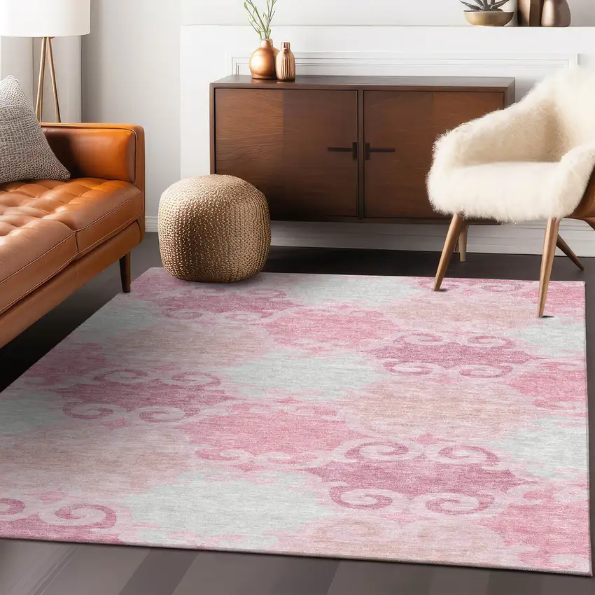 Pink And Gray Trellis Washable Indoor Outdoor Area Rug Photo 9
