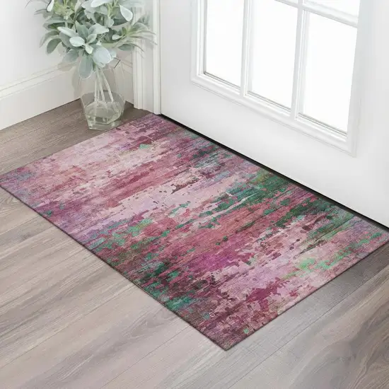 Pink And Green Abstract Washable Area Rug With UV Protection Photo 2