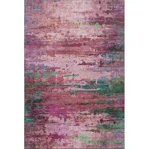 Photo of Pink And Green Abstract Washable Area Rug With UV Protection