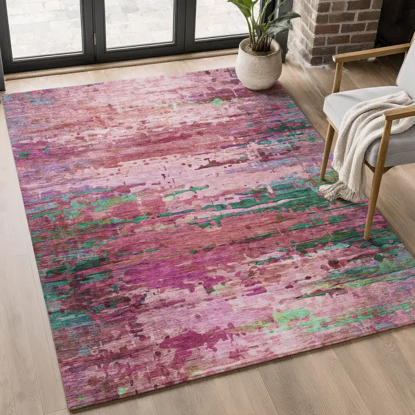Pink And Green Abstract Washable Area Rug With UV Protection Photo 5
