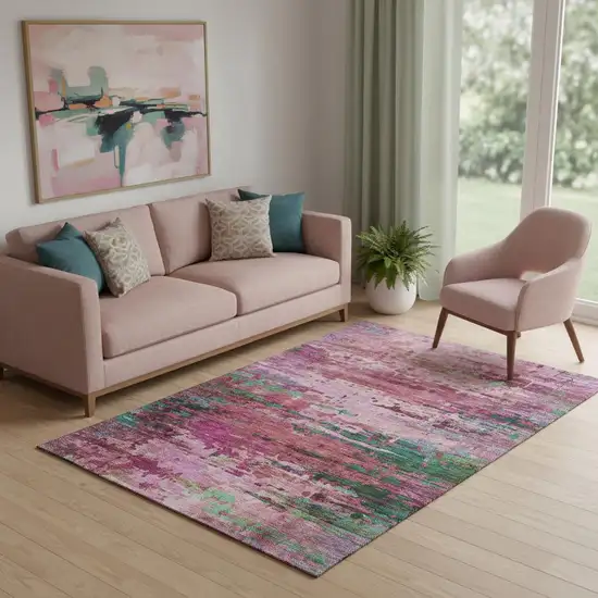 Pink And Green Abstract Washable Area Rug With UV Protection Photo 2