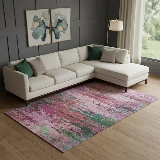 Pink And Green Abstract Washable Area Rug With UV Protection Photo 2