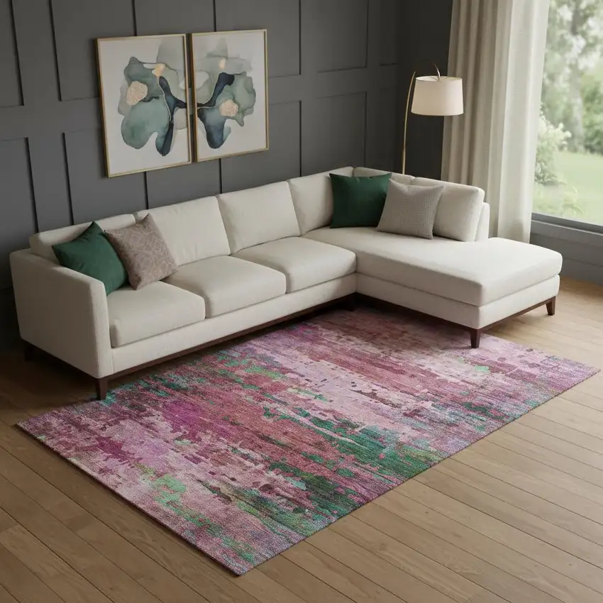 Pink And Green Abstract Washable Area Rug With UV Protection Photo 2