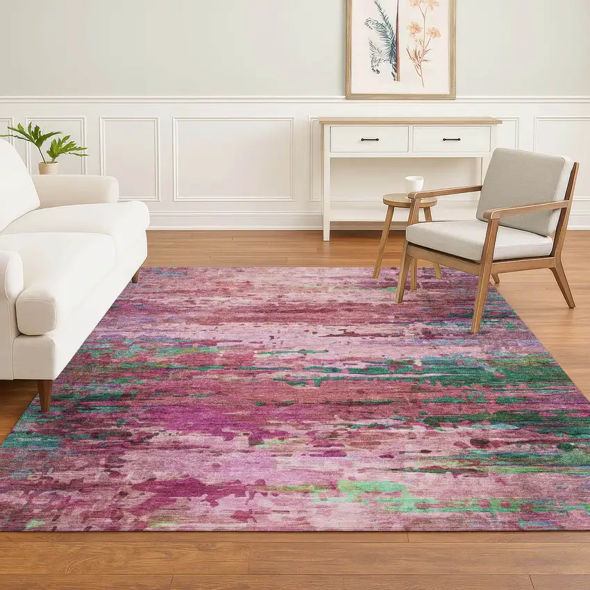 Pink And Green Abstract Washable Area Rug With UV Protection Photo 6