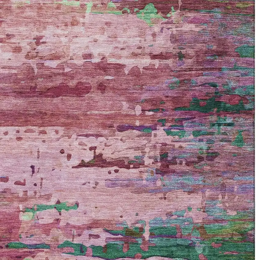 Pink And Green Abstract Washable Area Rug With UV Protection Photo 3