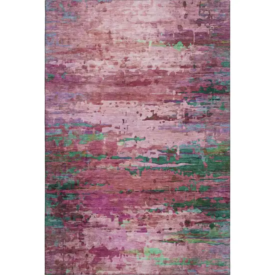 Pink And Green Abstract Washable Area Rug With UV Protection Photo 1