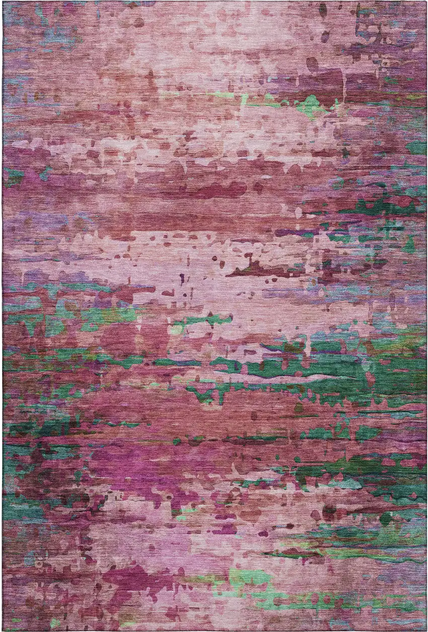 Pink And Green Abstract Washable Area Rug With UV Protection Photo 1