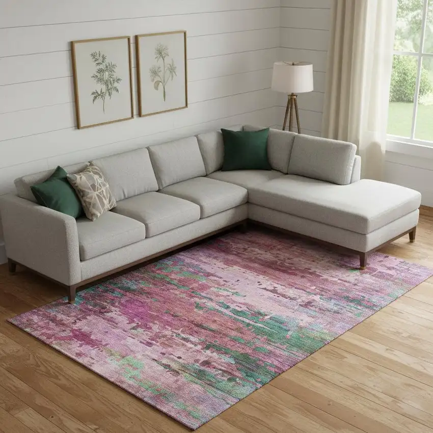 Pink And Green Abstract Washable Area Rug With UV Protection Photo 2