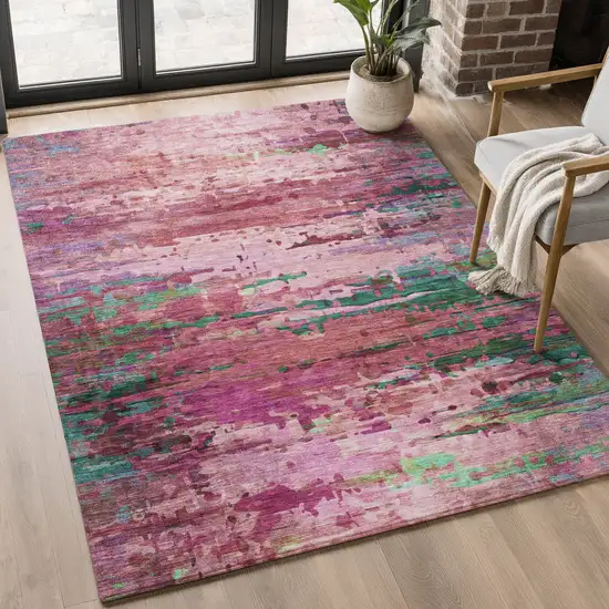 Pink And Green Abstract Washable Area Rug With UV Protection Photo 5