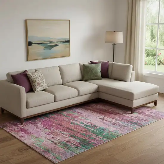 Pink And Green Abstract Washable Area Rug With UV Protection Photo 2