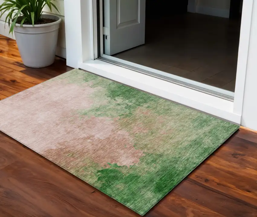 Pink And Green Abstract Washable Indoor Outdoor Area Rug Photo 1