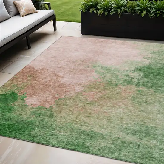 Pink And Green Abstract Washable Indoor Outdoor Area Rug Photo 1