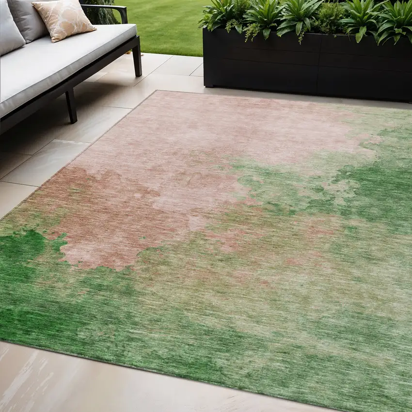 Pink And Green Abstract Washable Indoor Outdoor Area Rug Photo 1