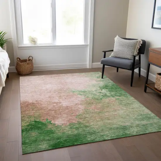Pink And Green Abstract Washable Indoor Outdoor Area Rug Photo 9