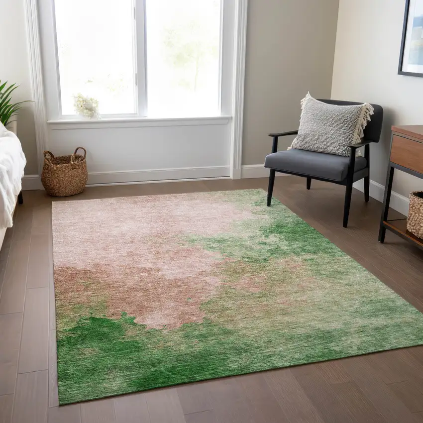 Pink And Green Abstract Washable Indoor Outdoor Area Rug Photo 9
