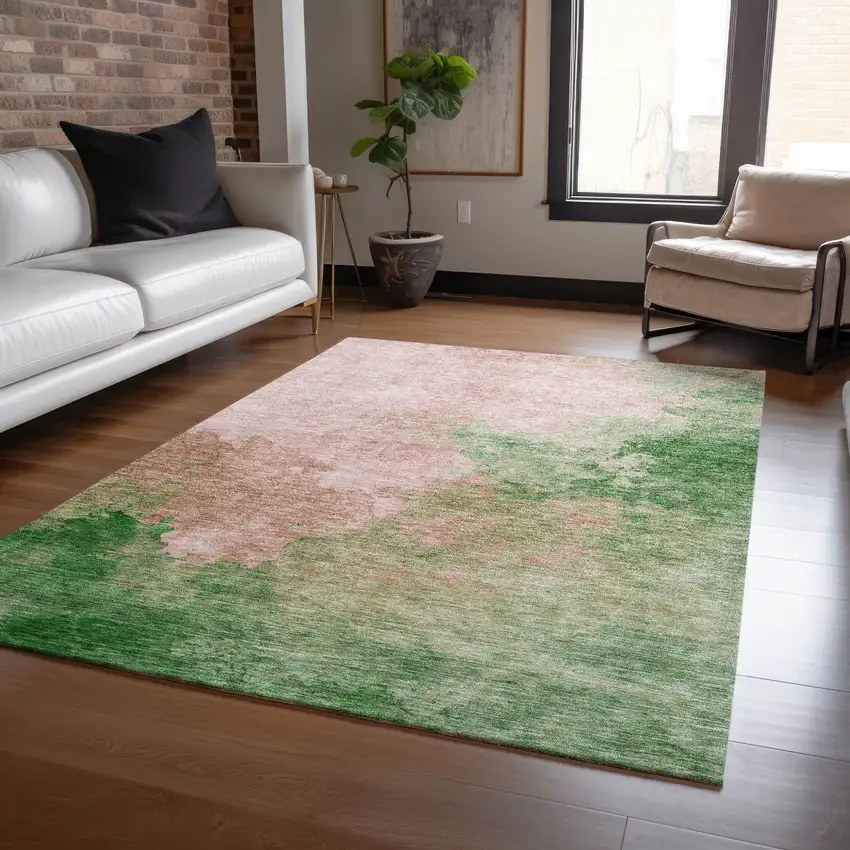 Pink And Green Abstract Washable Indoor Outdoor Area Rug Photo 8