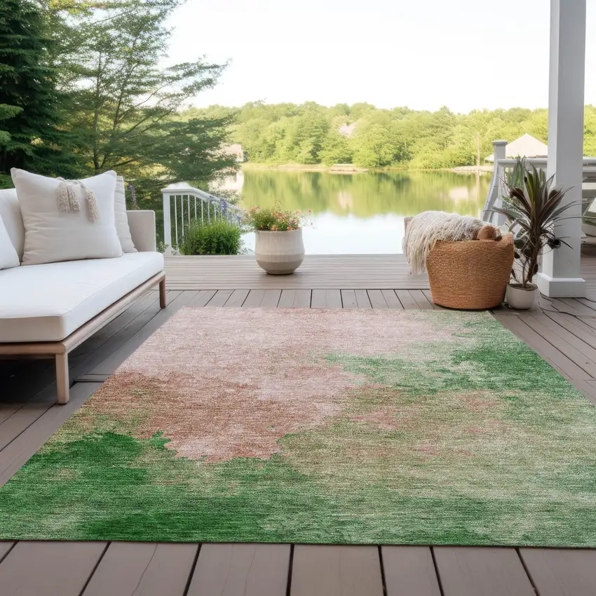 Pink And Green Abstract Washable Indoor Outdoor Area Rug Photo 7