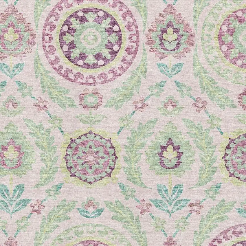 Pink And Green Floral Washable Area Rug With UV Protection Photo 3