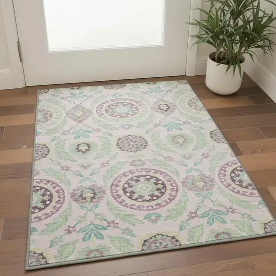 Pink And Green Floral Washable Area Rug With UV Protection Photo 2