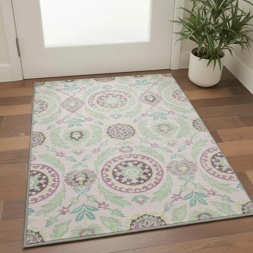 Pink And Green Floral Washable Area Rug With UV Protection Photo 2