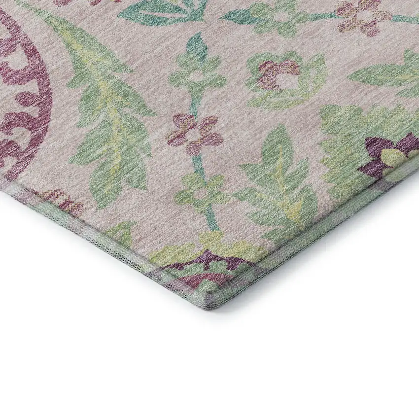 Pink And Green Floral Washable Area Rug With UV Protection Photo 8