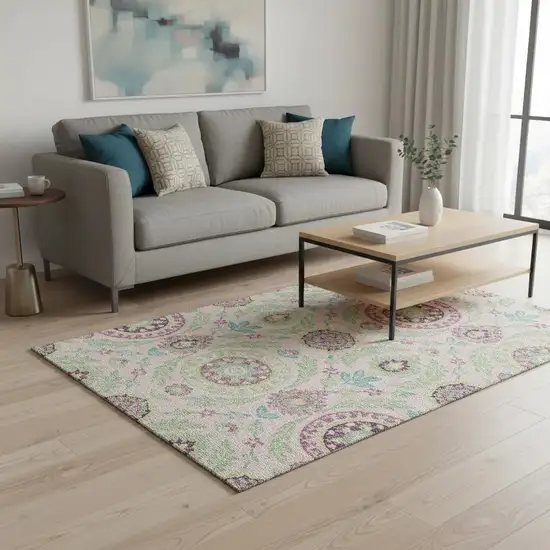 Pink And Green Floral Washable Area Rug With UV Protection Photo 2