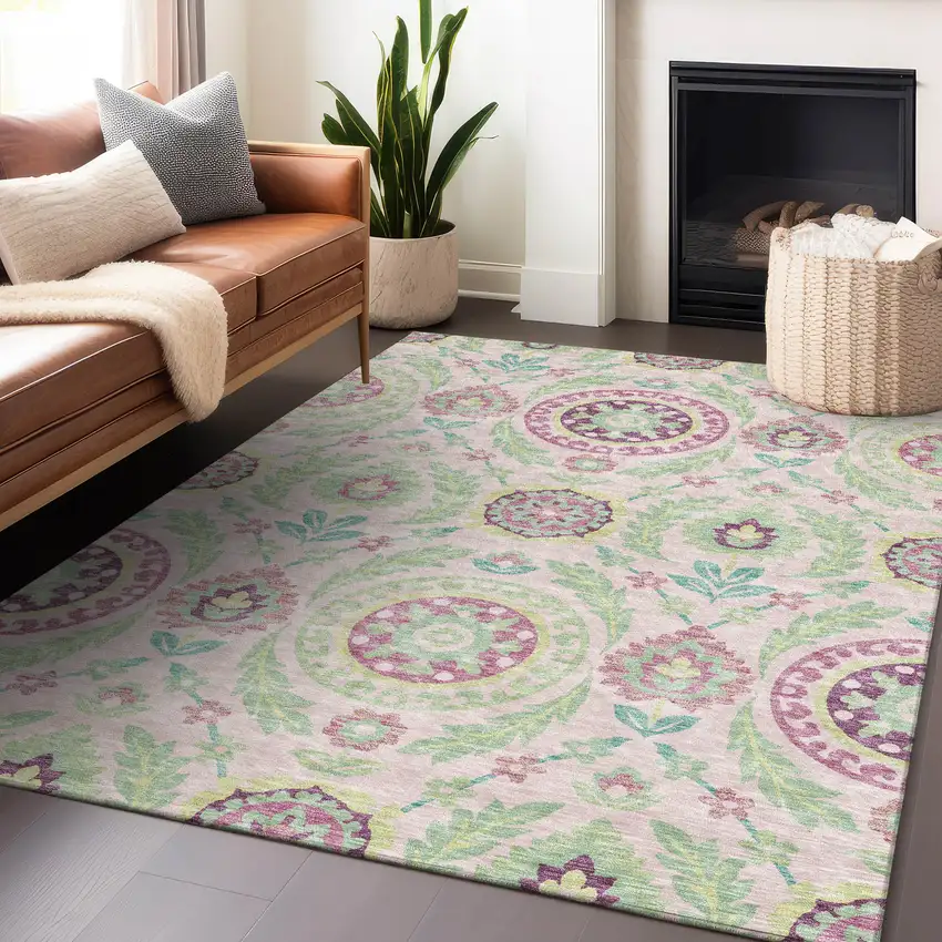 Pink And Green Floral Washable Area Rug With UV Protection Photo 6