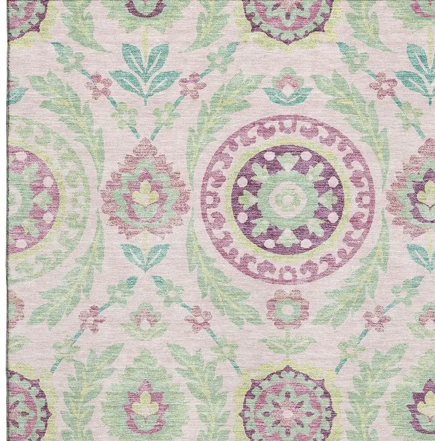 Pink And Green Floral Washable Area Rug With UV Protection Photo 3