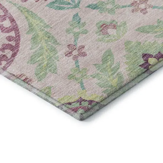 Pink And Green Floral Washable Area Rug With UV Protection Photo 8