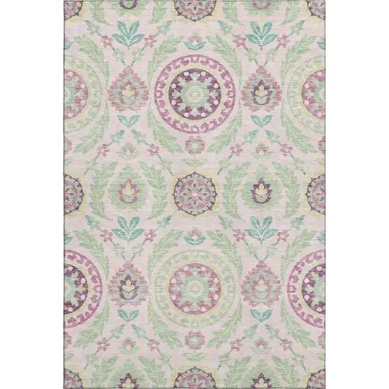 Pink And Green Floral Washable Area Rug With UV Protection Photo 1