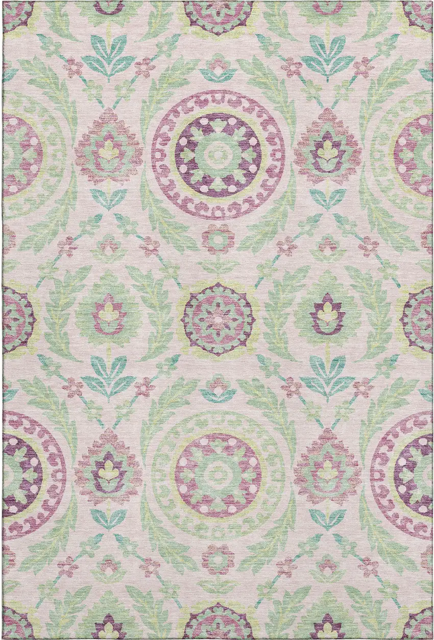 Pink And Green Floral Washable Area Rug With UV Protection Photo 1
