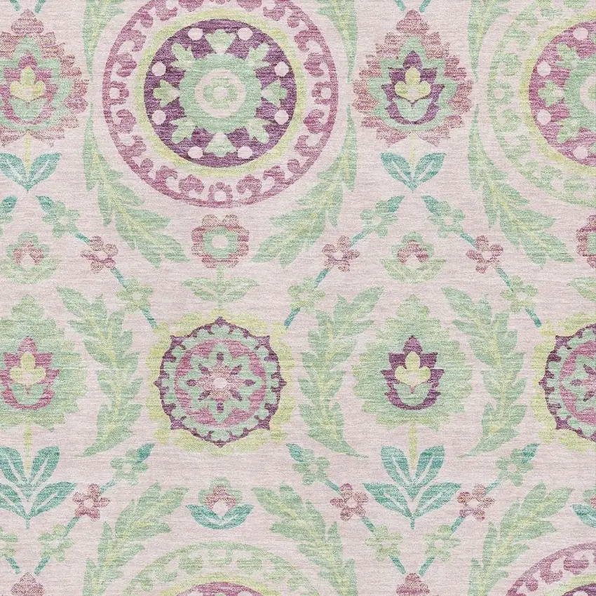 Pink And Green Floral Washable Area Rug With UV Protection Photo 3