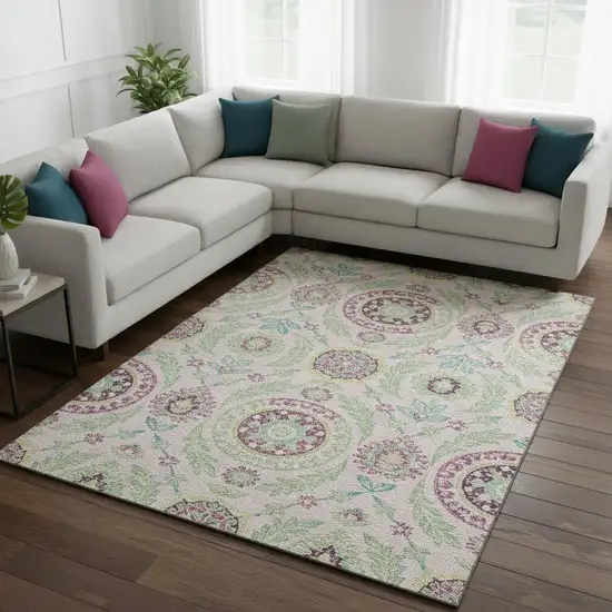 Pink And Green Floral Washable Area Rug With UV Protection Photo 2
