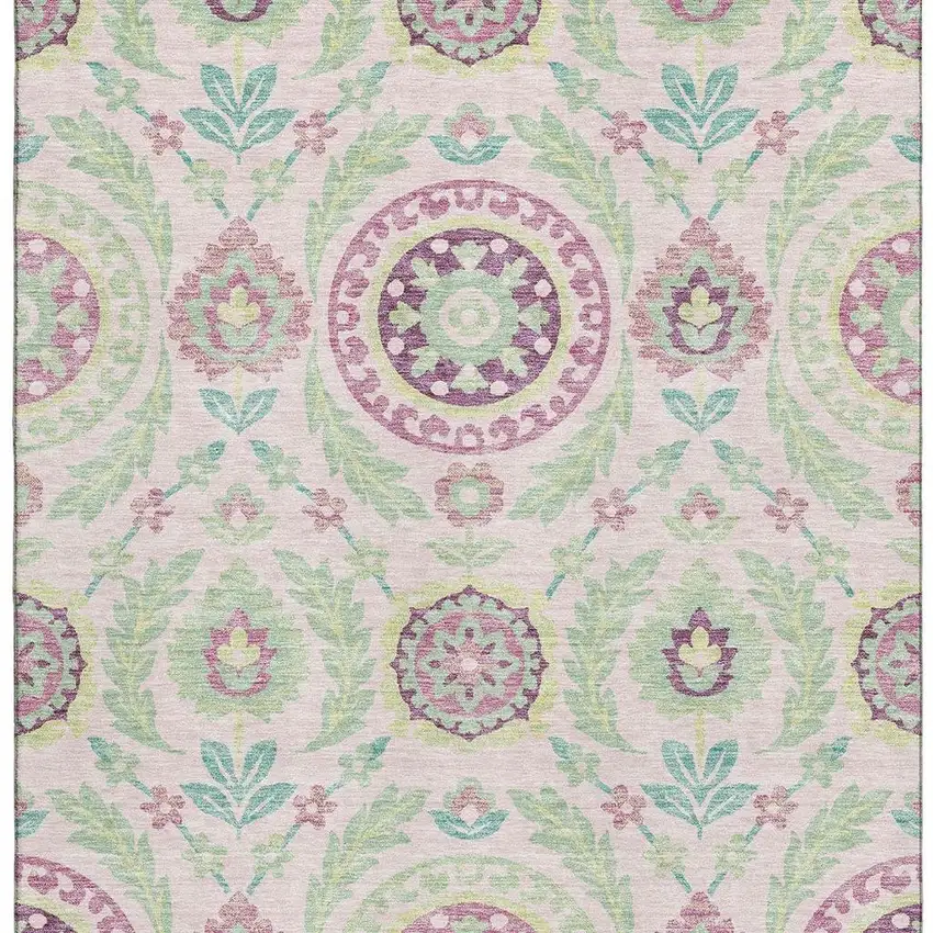 Pink And Green Floral Washable Area Rug With UV Protection Photo 4