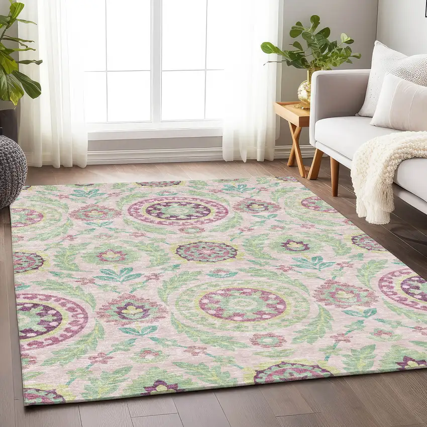 Pink And Green Floral Washable Area Rug With UV Protection Photo 5