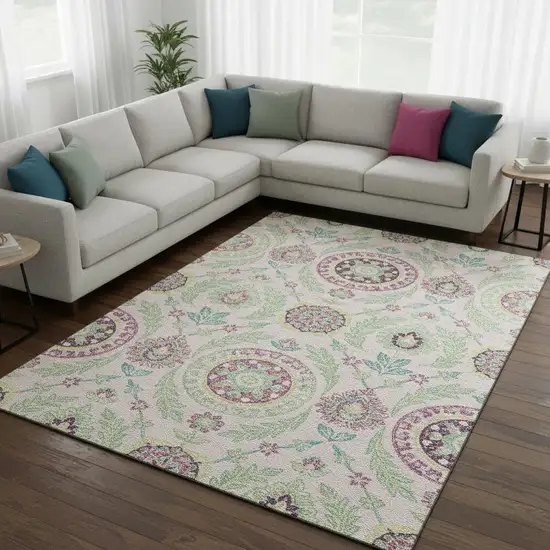 Pink And Green Floral Washable Area Rug With UV Protection Photo 2