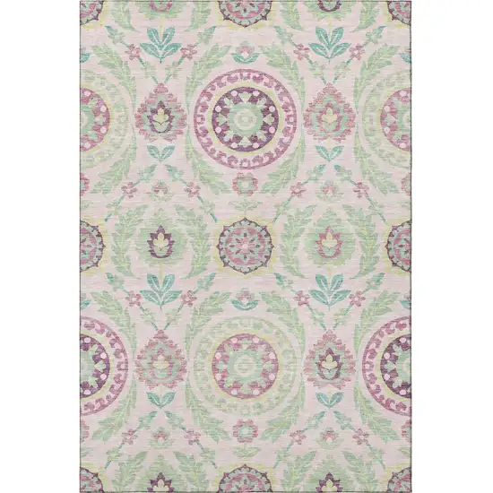 Pink And Green Floral Washable Area Rug With UV Protection Photo 4