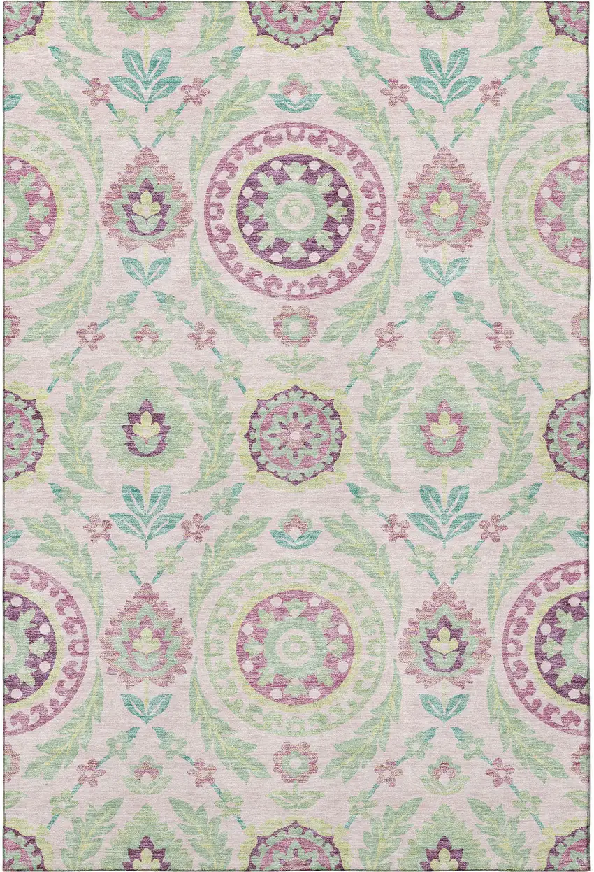 Pink And Green Floral Washable Area Rug With UV Protection Photo 4