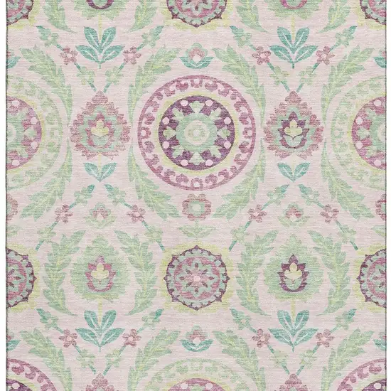 Pink And Green Floral Washable Area Rug With UV Protection Photo 3